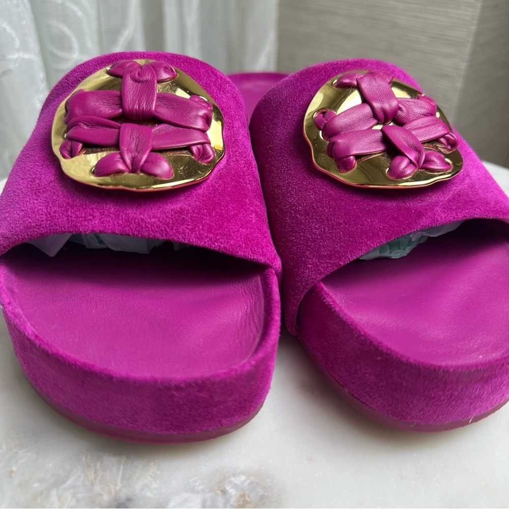 Tory Burch Woven Double T Slide Sandals in Fuchsia  8.5 - Picture 5 of 8